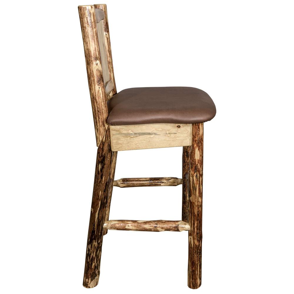 Glacier Country Collection Counter Height Barstool w/ Back - Saddle Upholstery, w/ Laser Engraved Elk Design. Picture 5