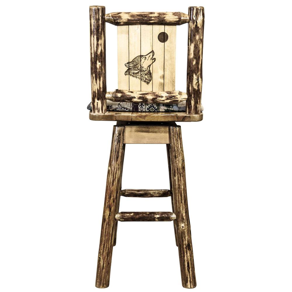 Glacier Country Collection Counter Height Barstool w/ Back & Swivel, Woodland Upholstery w/ Laser Engraved Wolf Design. Picture 2