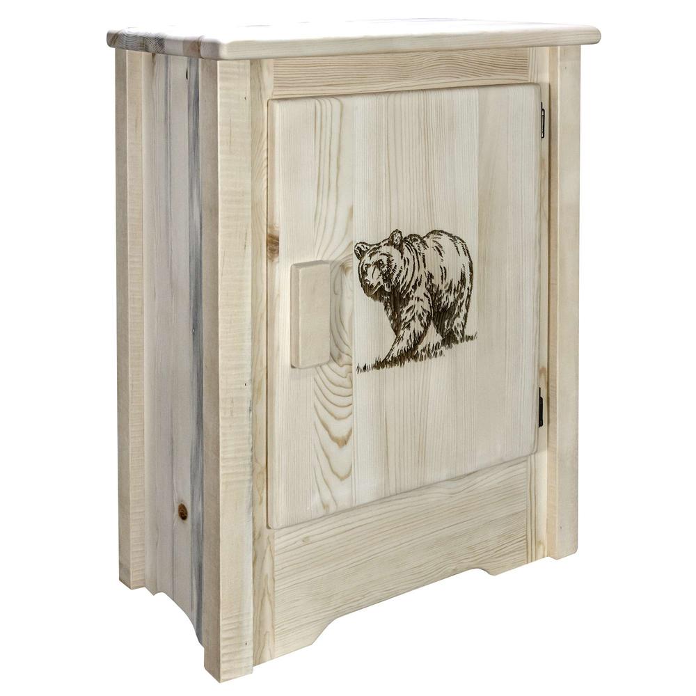 Homestead Collection Accent Cabinet w/ Laser Engraved Bear Design, Right Hinged, Clear Lacquer Finish. Picture 3