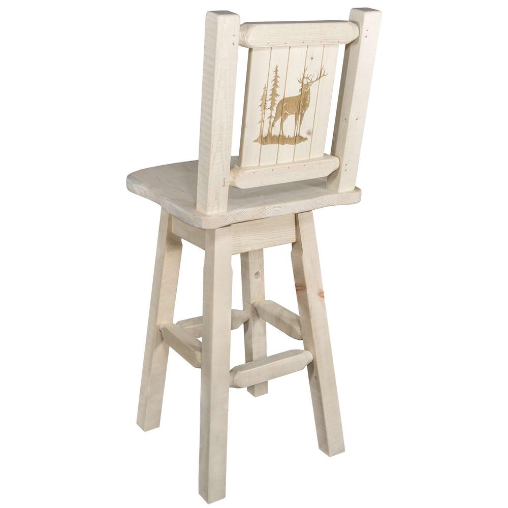 Homestead Collection Barstool w/ Back & Swivel w/ Laser Engraved Elk Design, Clear Lacquer Finish. Picture 1