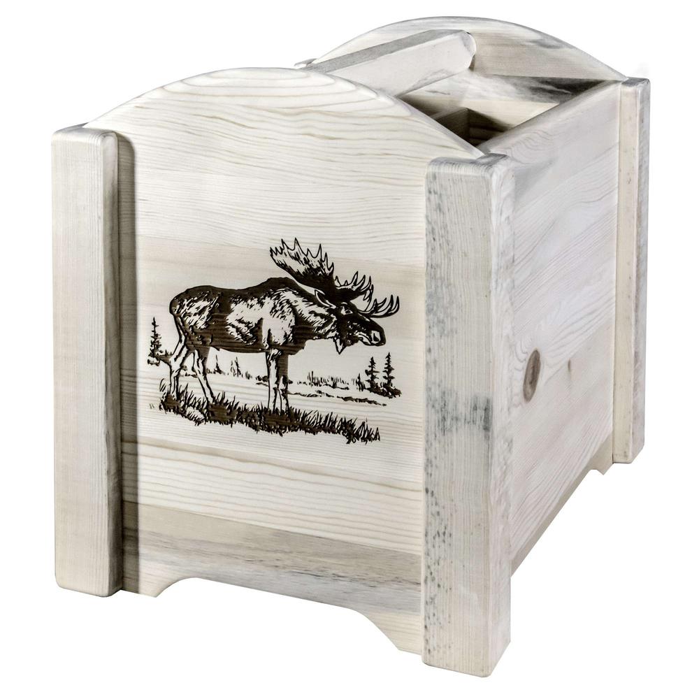 Homestead Collection Magazine Rack w/ Laser Engraved Moose Design, Clear Lacquer Finish. Picture 3