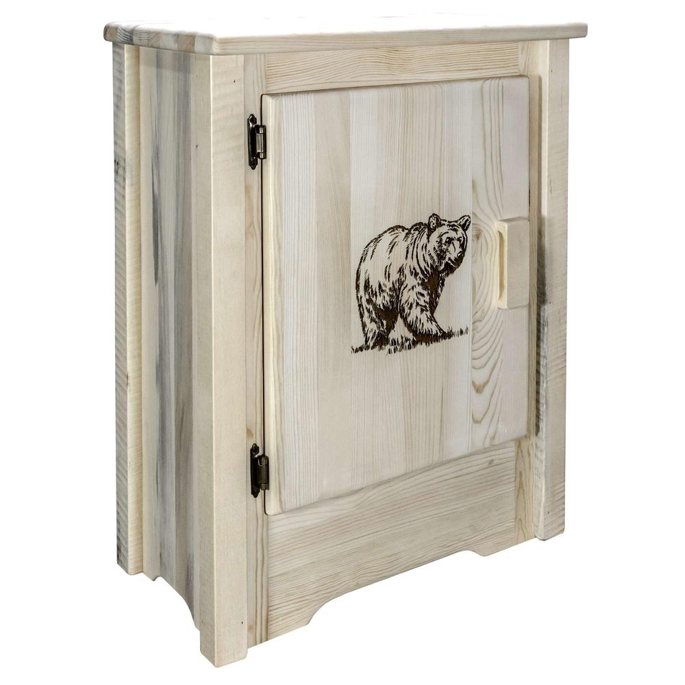 Homestead Collection Accent Cabinet w/ Laser Engraved Bear Design, Left Hinged, Clear Lacquer Finish. Picture 1