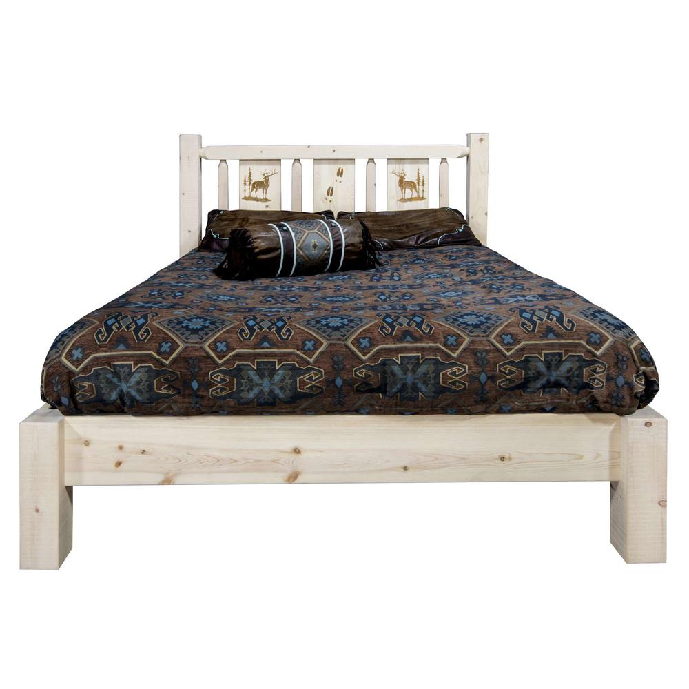 Homestead Collection California King Platform Bed w/ Laser Engraved Elk Design, Clear Lacquer Finish. Picture 2