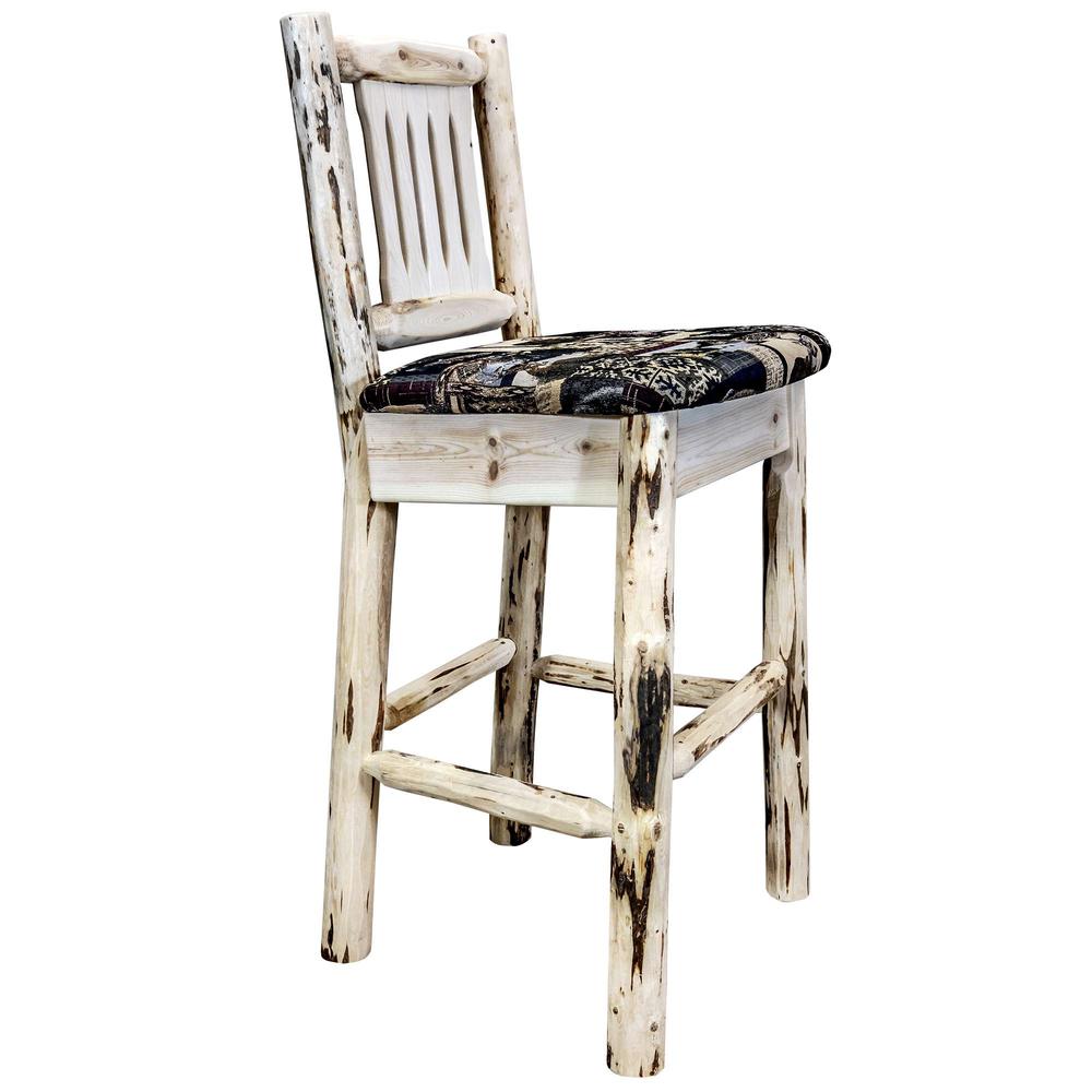 Montana Collection Barstool w/ Back, Clear Lacquer Finish w/ Upholstered Seat, Woodland Pattern. Picture 1