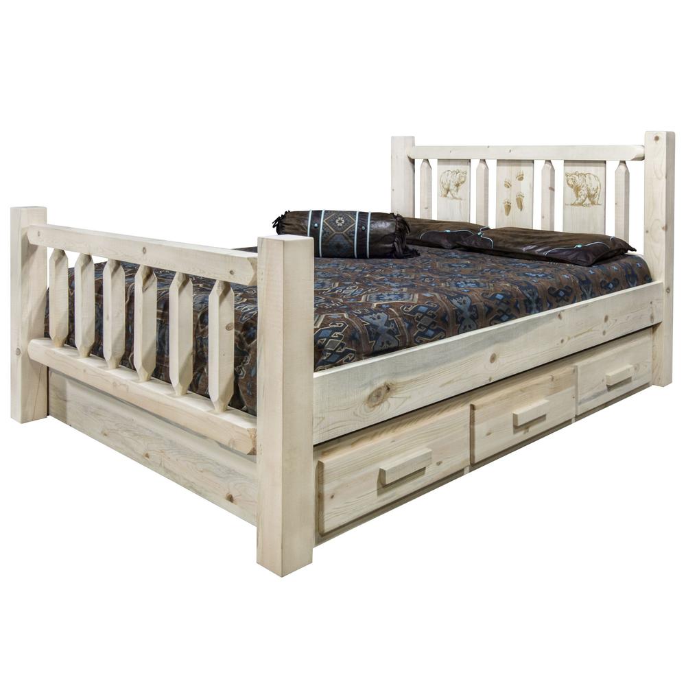 Homestead Collection Full Storage Bed w/ Laser Engraved Bear Design, Clear Lacquer Finish. Picture 3