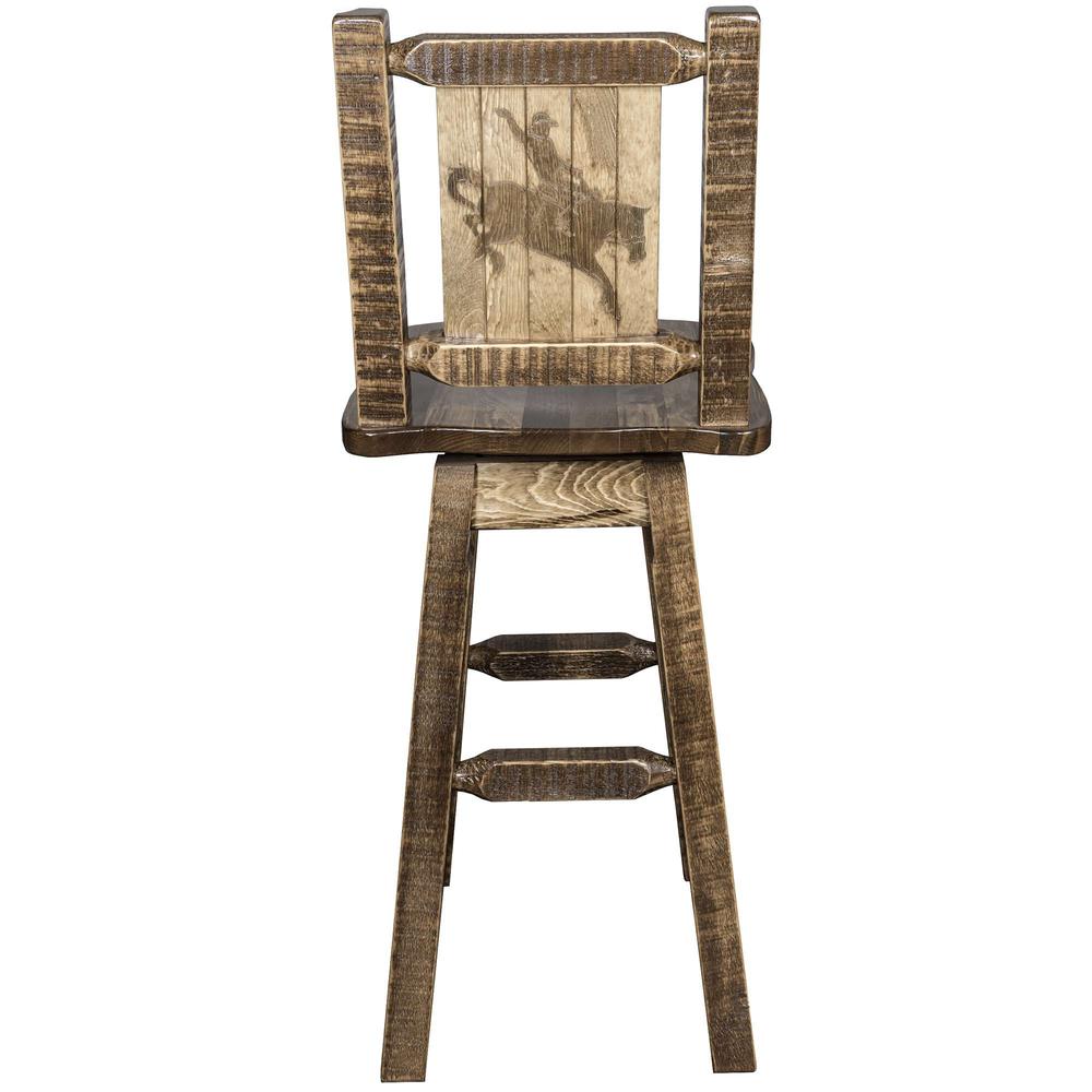 Homestead Collection Counter Height Barstool w/ Back & Swivel w/ Laser Engraved Bronc Design, Stain & Lacquer Finish. Picture 2