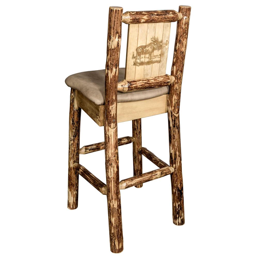 Glacier Country Collection Counter Height Barstool w/ Back - Buckskin Upholstery, w/ Laser Engraved Moose Design. Picture 1