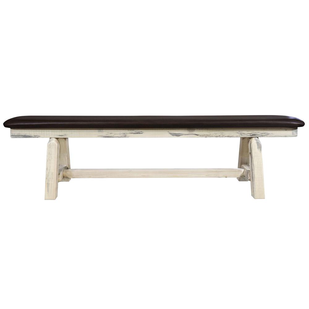 Homestead Collection Plank Style Bench, Clear Lacquer Finish,  6 Foot w/ Saddle Upholstery. Picture 2