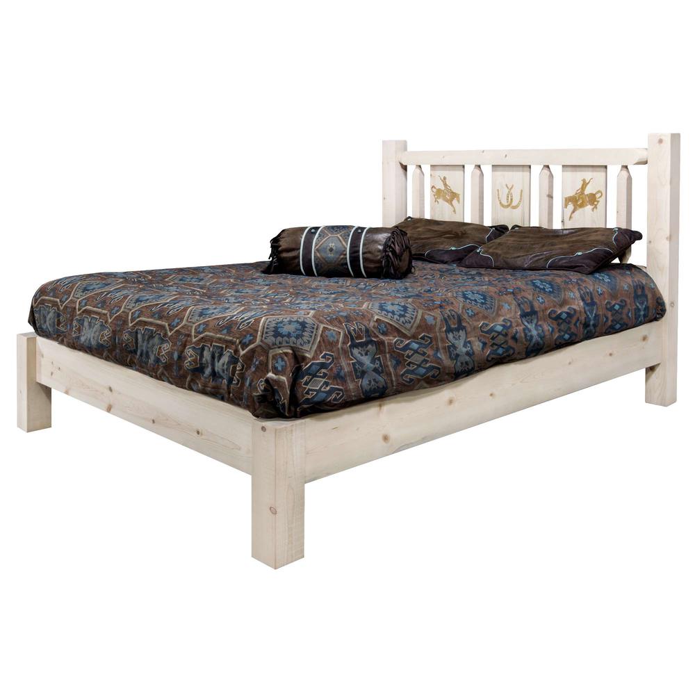 Homestead Collection Queen Platform Bed w/ Laser Engraved Bronc Design, Clear Lacquer Finish. Picture 3