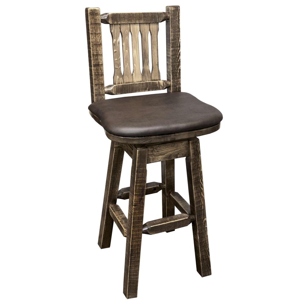 Homestead Collection Counter Height Barstool w/ Back & Swivel - Saddle Upholstery, Stain & Lacquer Finish. Picture 1
