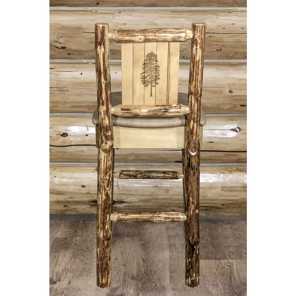 Glacier Country Collection Counter Height Barstool w/ Back - Buckskin Upholstery, w/ Laser Engraved Pine Tree Design. Picture 7