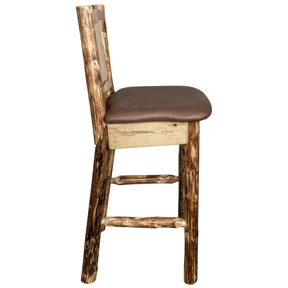 Glacier Country Collection Counter Height Barstool w/ Back - Saddle Upholstery, w/ Laser Engraved Bronc Design. Picture 5