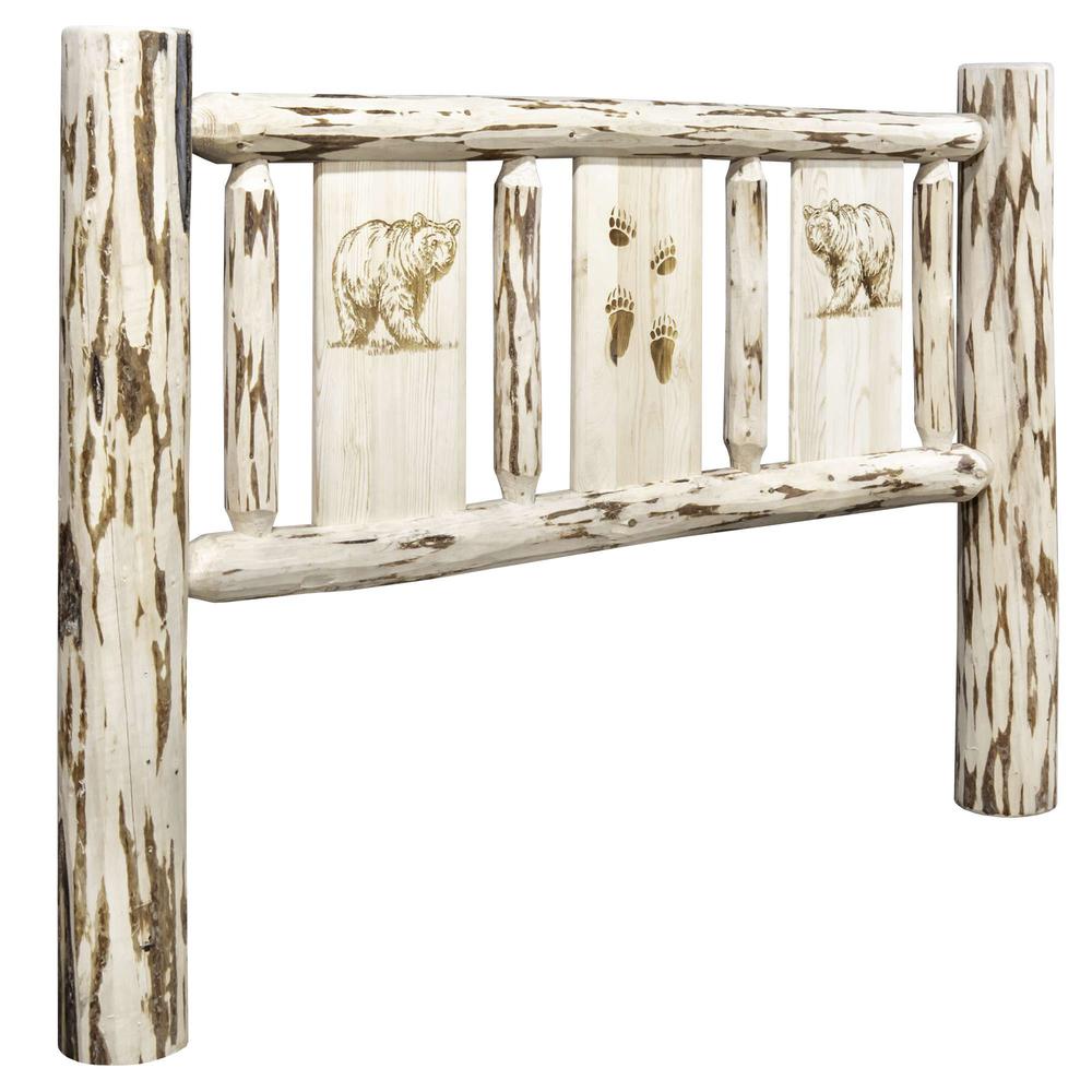Montana Collection King Headboard w/ Laser Engraved Bear Design, Clear Lacquer Finish. Picture 1