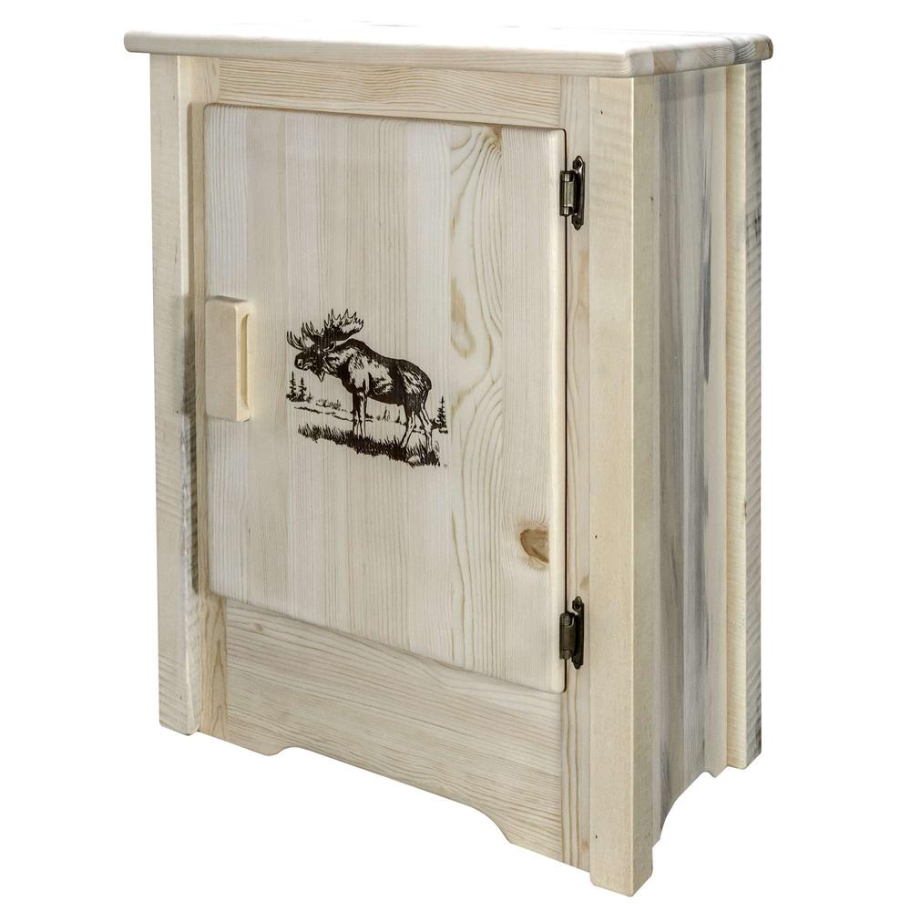 Homestead Collection Accent Cabinet w/ Laser Engraved Moose Design, Right Hinged, Clear Lacquer Finish. Picture 1