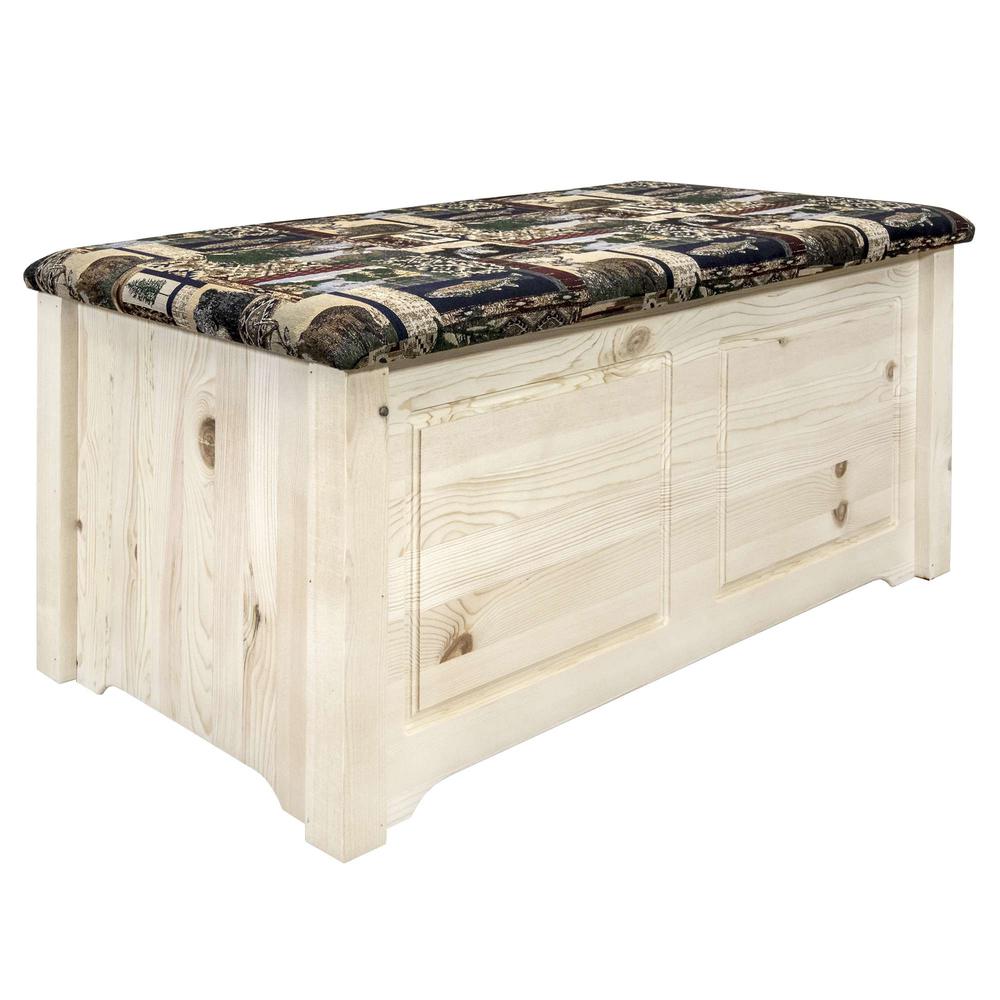 Homestead Collection Small Blanket Chest, Woodland Upholstery, Clear Lacquer Finish. Picture 1