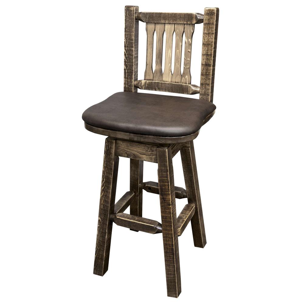Homestead Collection Counter Height Barstool w/ Back & Swivel - Saddle Upholstery, Stain & Lacquer Finish. Picture 2