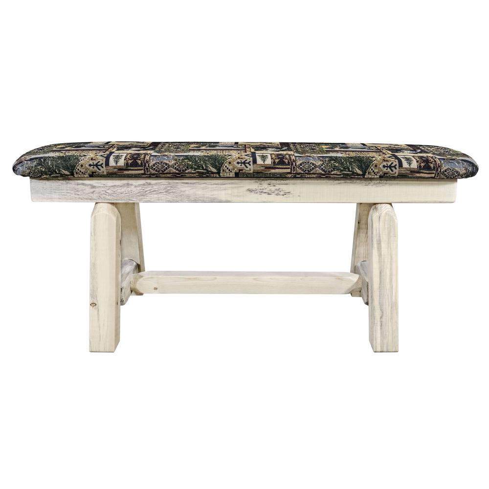 Homestead Collection Plank Style Bench, Clear Lacquer Finish, 45 Inch w/ Woodland Upholstery. Picture 2