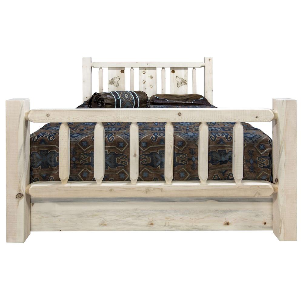 Homestead Collection Queen Storage Bed w/ Laser Engraved Wolf Design, Clear Lacquer Finish. Picture 2
