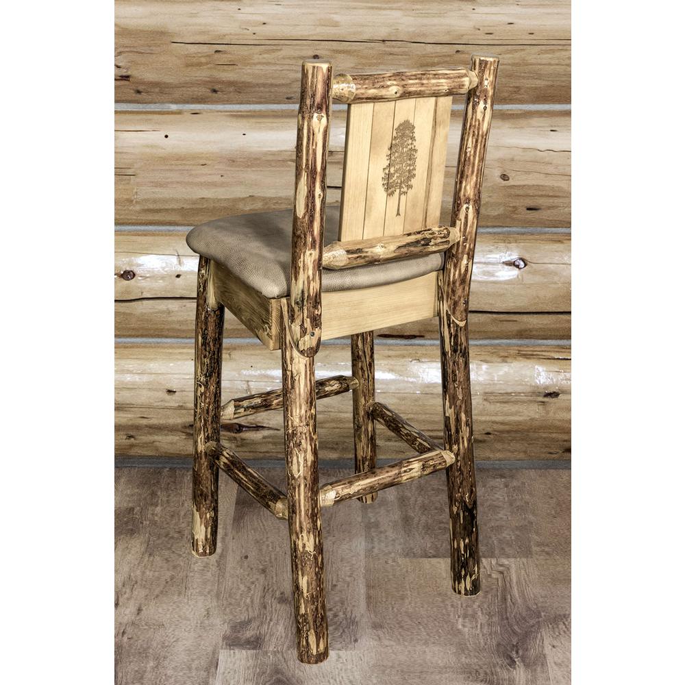 Glacier Country Collection Counter Height Barstool w/ Back - Buckskin Upholstery, w/ Laser Engraved Pine Tree Design. Picture 6