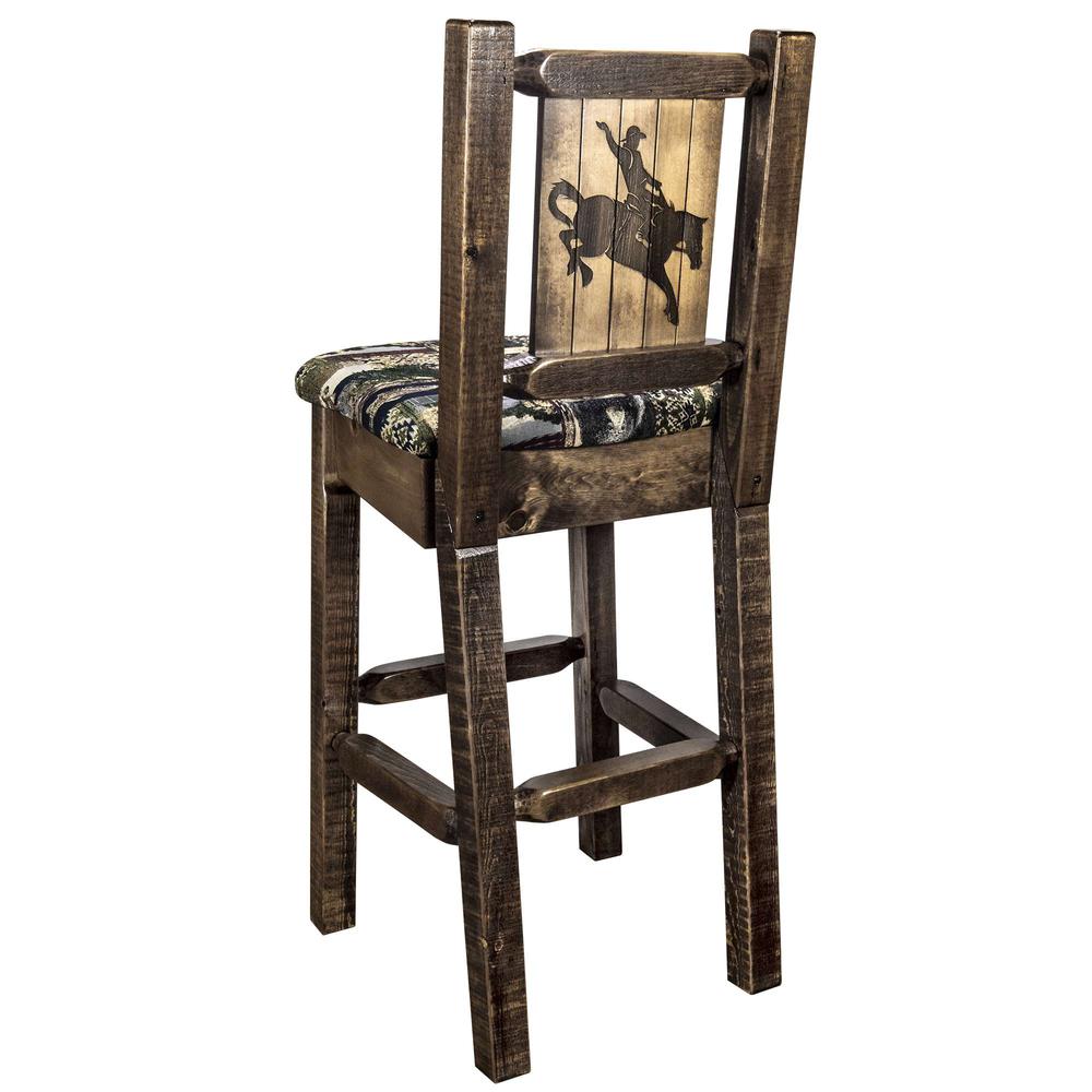 Homestead Collection Counter Height Barstool w/ Back - Woodland Upholstery, w/ Laser Engraved Bronc Design. Picture 1