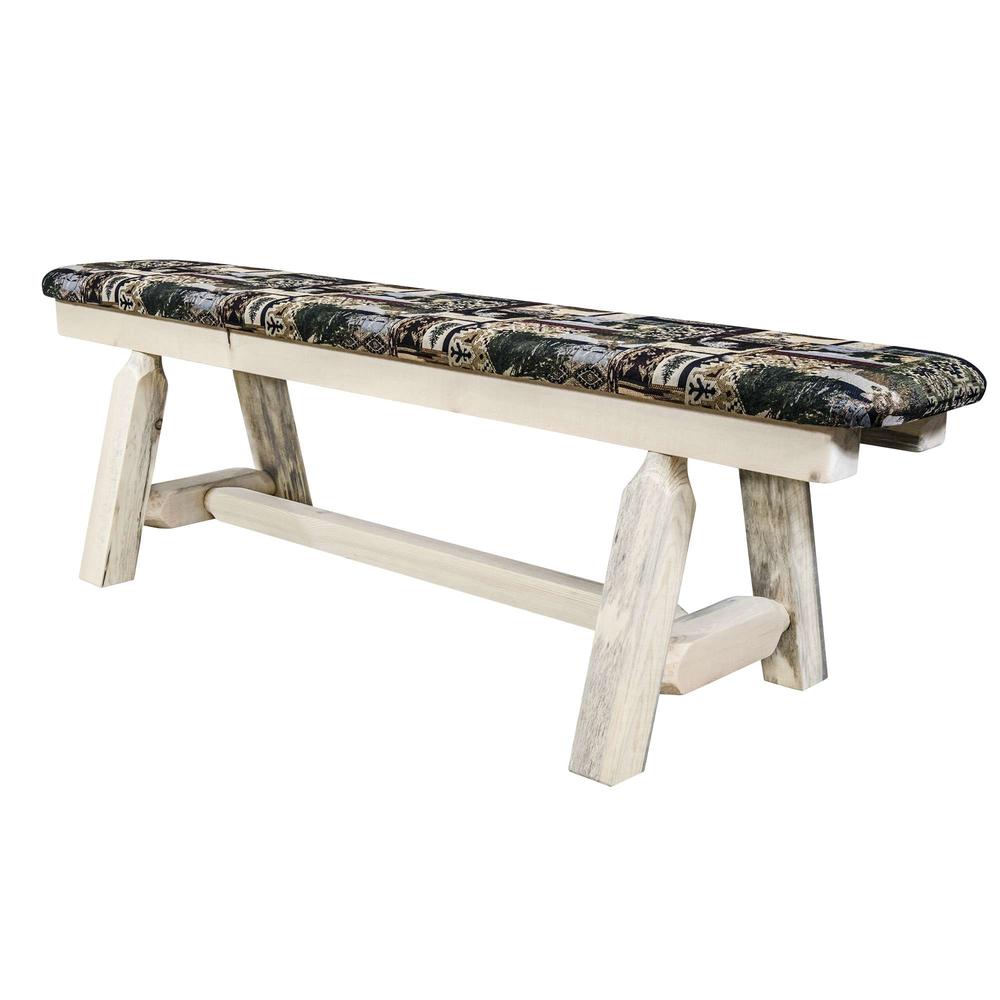 Homestead Collection Plank Style Bench, Clear Lacquer Finish, 5 Foot w/ Woodland Upholstery. Picture 3