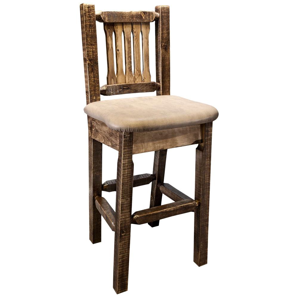 Homestead Collection Counter Height Barstool w/ Back - Buckskin Upholstery, Stain & Lacquer Finish. Picture 1