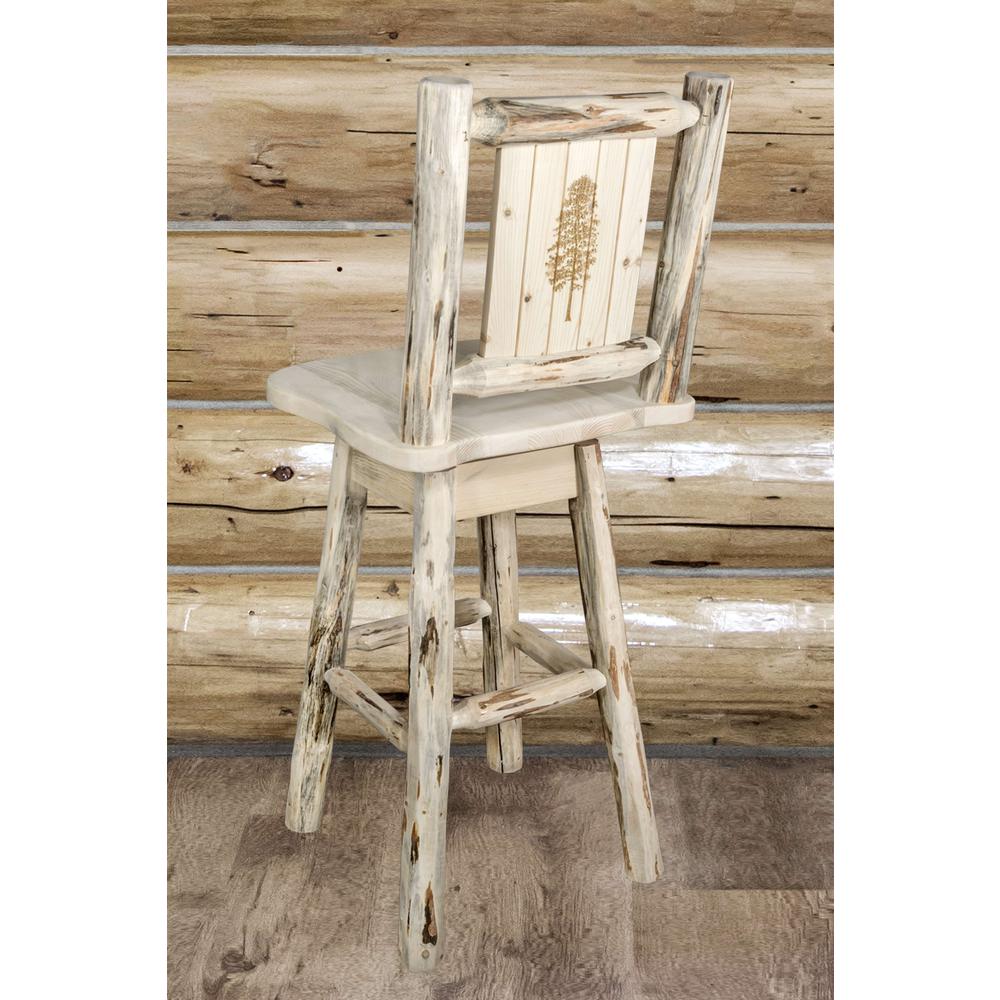 Montana Collection Counter Height Barstool w/ Back & Swivel w/ Laser Engraved Pine Tree Design, Clear Lacquer Finish. Picture 5