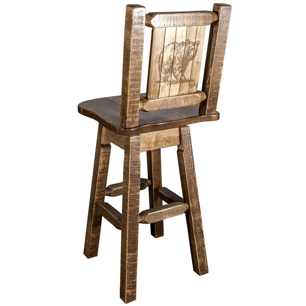 Homestead Collection Counter Height Barstool w/ Back & Swivel w/ Laser Engraved Bear Design, Stain & Lacquer Finish. Picture 1