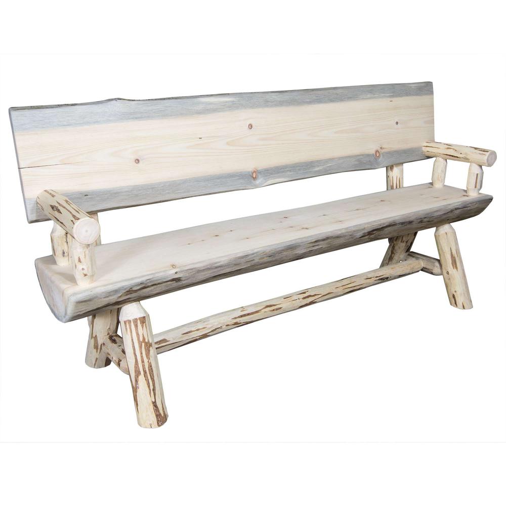 Montana Collection Half Log Bench w/ Back & Arms, Clear Lacquer Finish, 6 Foot. Picture 1