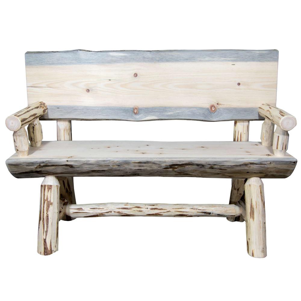 Montana Collection Half Log Bench w/ Back & Arms, Clear Lacquer Finish, 4 Foot. Picture 2
