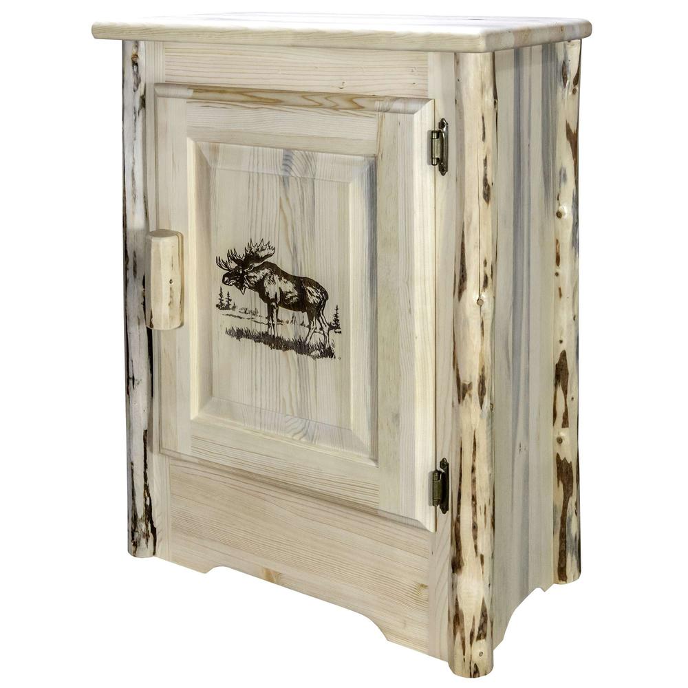 Montana Collection Accent Cabinet w/ Laser Engraved Moose Design, Right Hinged, Clear Lacquer Finish. Picture 1