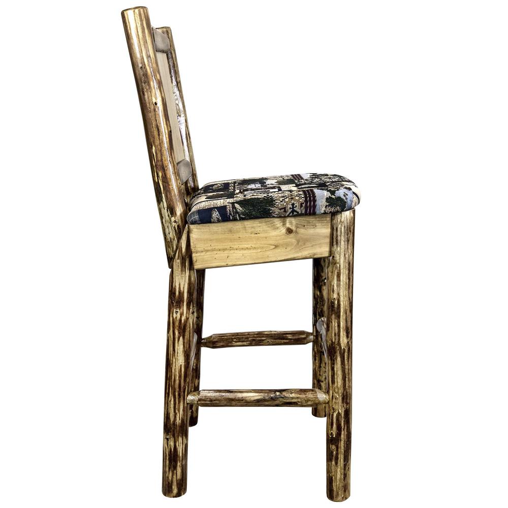 Glacier Country Collection Counter Height Barstool w/ Back - Woodland Upholstery, w/ Laser Engraved Bear Design. Picture 5