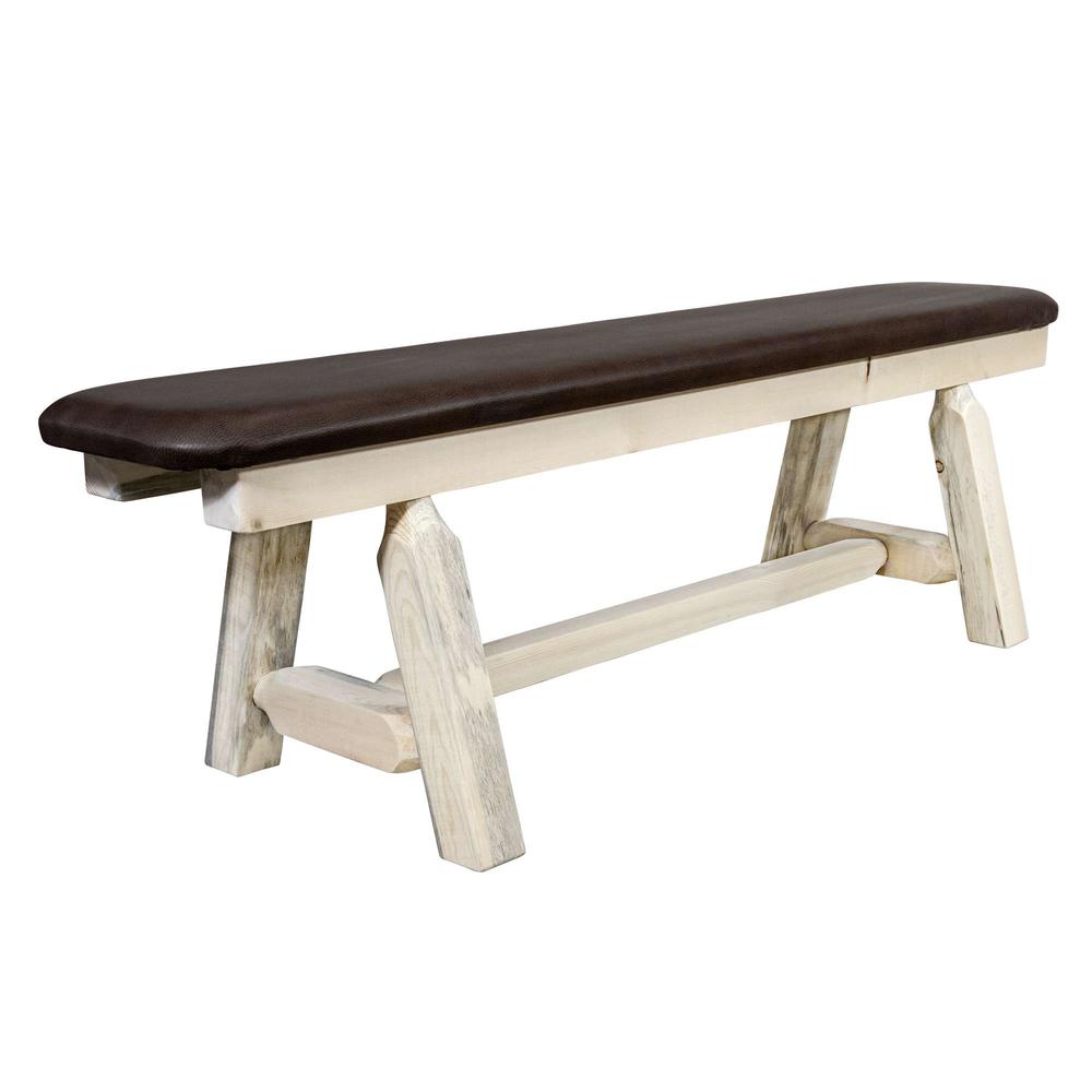 Homestead Collection Plank Style Bench, Clear Lacquer Finish, 5 Foot w/ Saddle Upholstery. Picture 1