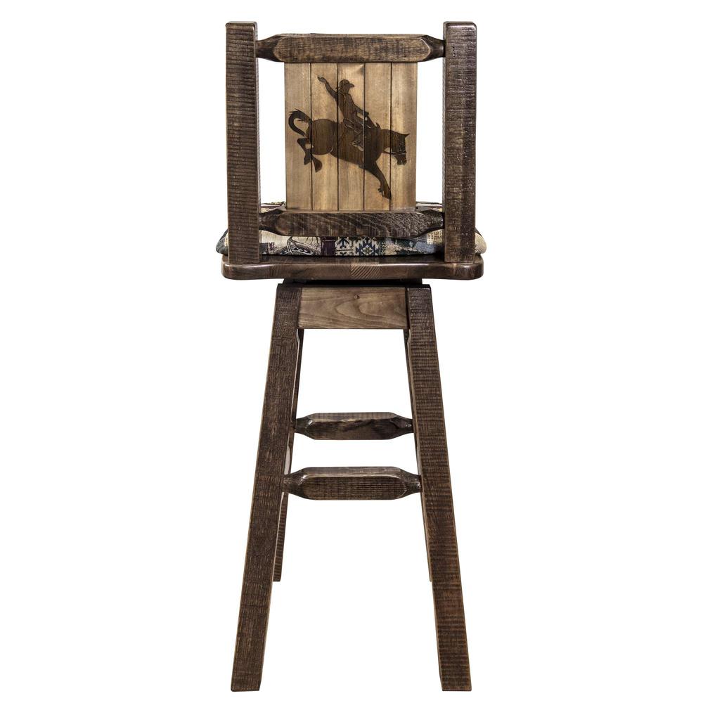 Homestead Collection Counter Height Barstool w/ Back & Swivel, Woodland Upholstery w/ Laser Engraved Bronc Design. Picture 2