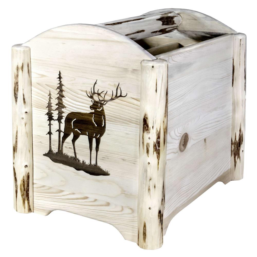 Montana Collection Magazine Rack w/ Laser Engraved Elk Design, Clear Lacquer Finish. Picture 3