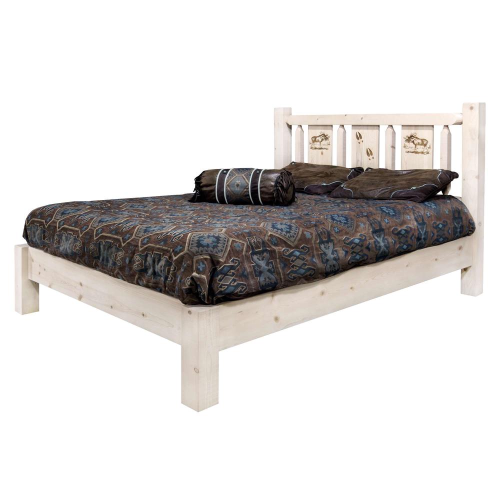 Homestead Collection California King Platform Bed w/ Laser Engraved Moose Design, Clear Lacquer Finish. Picture 3