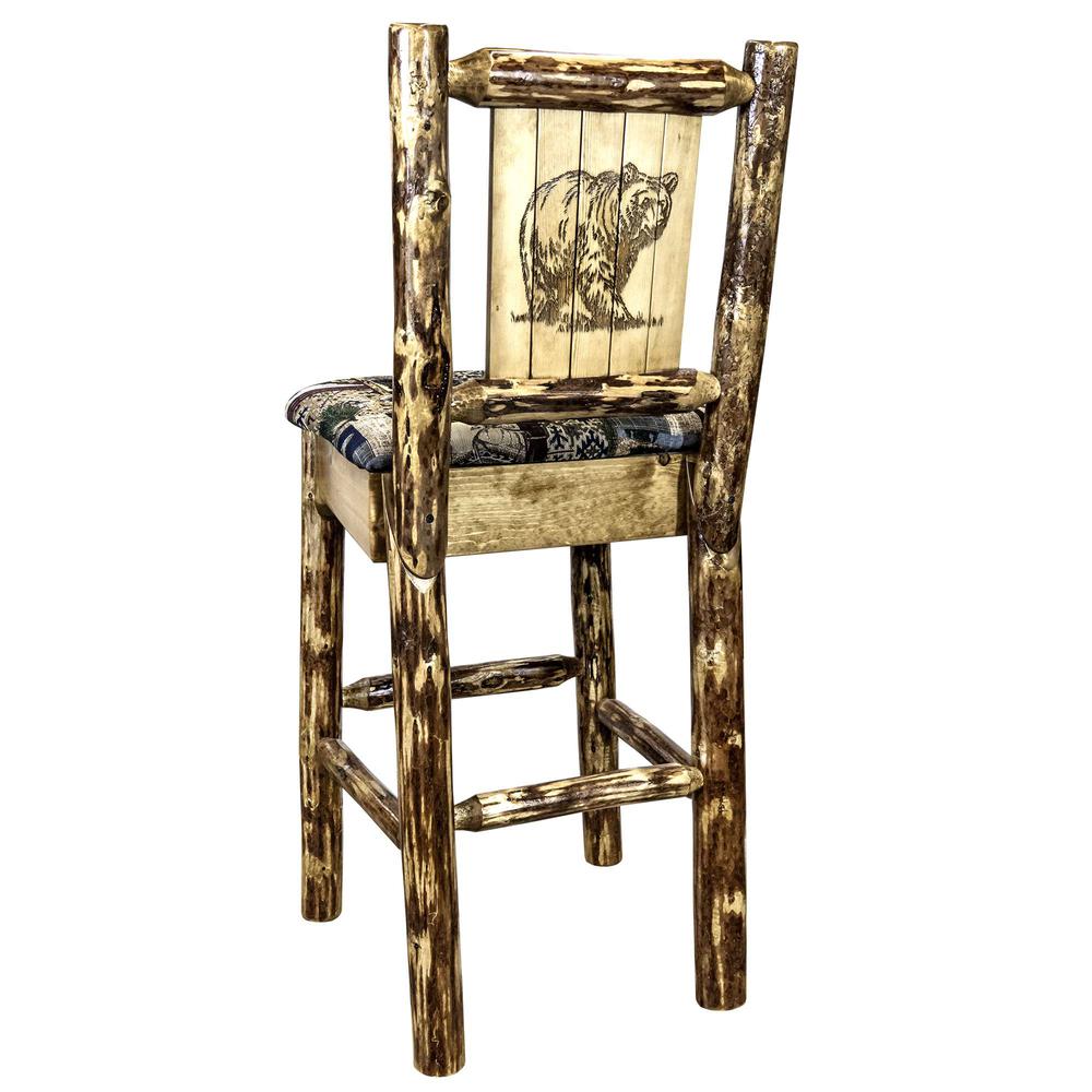 Glacier Country Collection Counter Height Barstool w/ Back - Woodland Upholstery, w/ Laser Engraved Bear Design. Picture 1