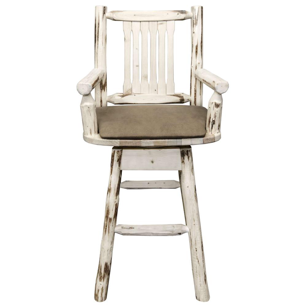 Montana Collection Captain's Barstool w/ Back & Swivel, Clear Lacquer Finish w/ Upholstered Seat, Buckskin Pattern. Picture 2