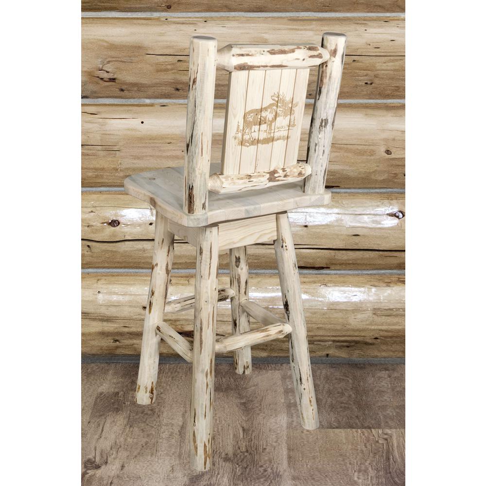 Montana Collection Counter Height Barstool w/ Back & Swivel w/ Laser Engraved Moose Design, Clear Lacquer Finish. Picture 5