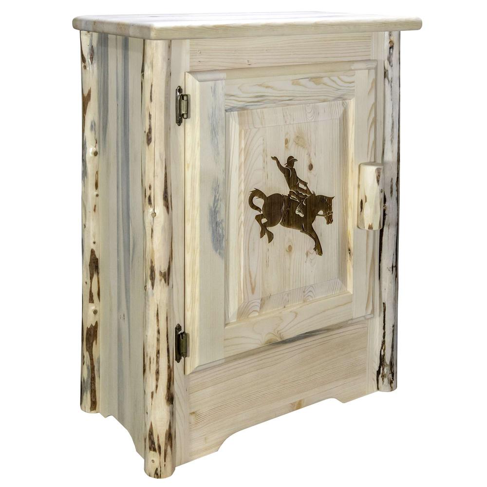 Montana Collection Accent Cabinet w/ Laser Engraved Bronc Design, Left Hinged, Clear Lacquer Finish. Picture 1