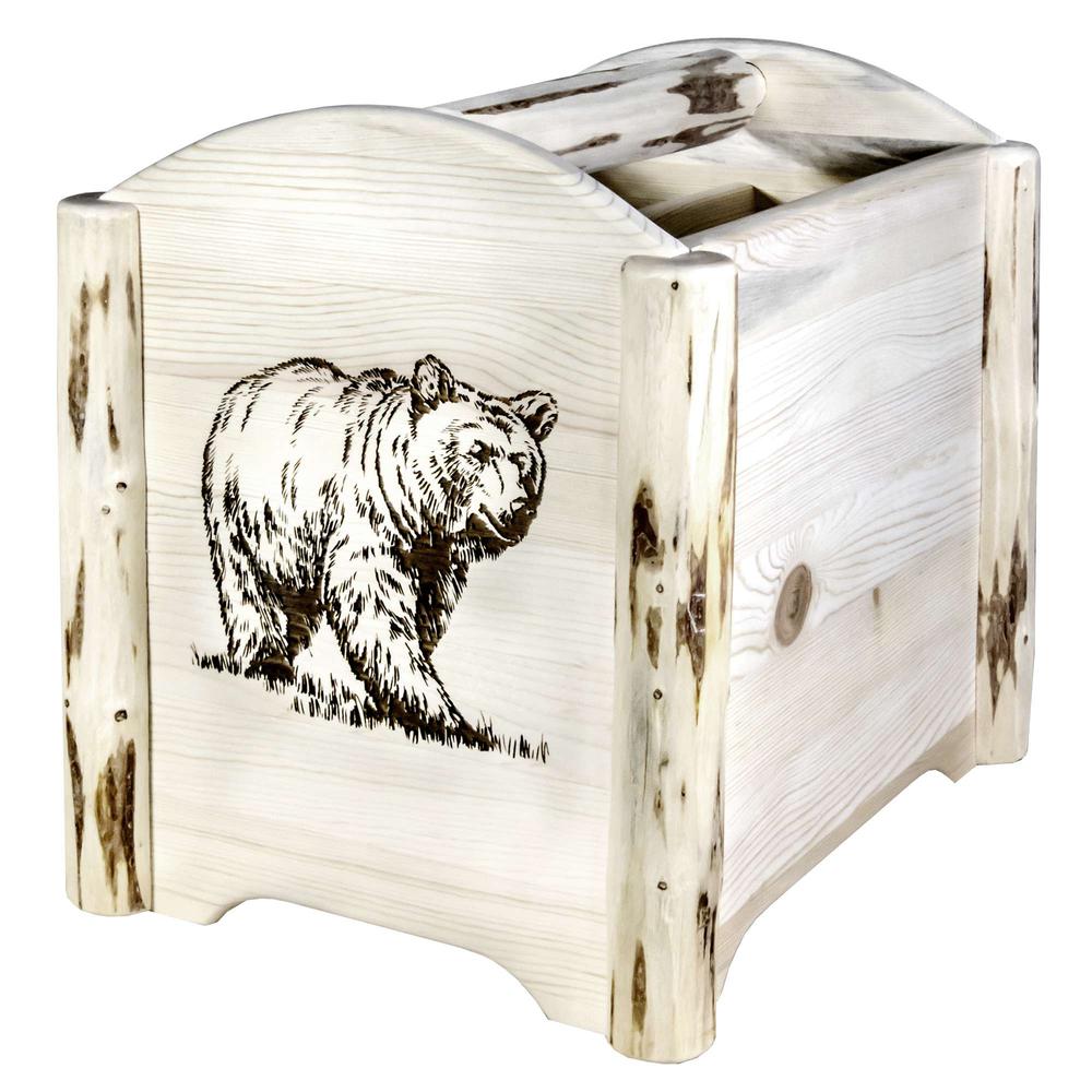 Montana Collection Magazine Rack w/ Laser Engraved Bear Design, Clear Lacquer Finish. Picture 3