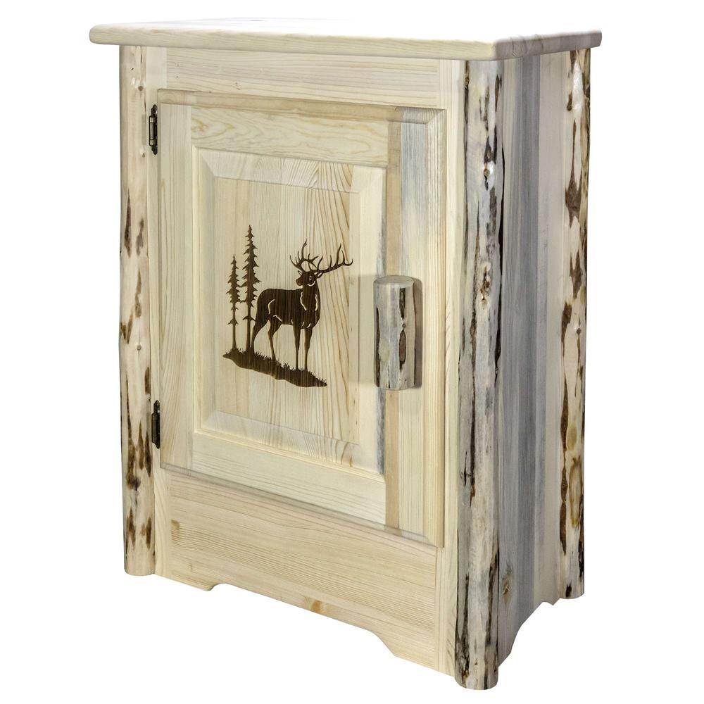 Montana Collection Accent Cabinet w/ Laser Engraved Elk Design, Right Hinged, Clear Lacquer Finish. Picture 1
