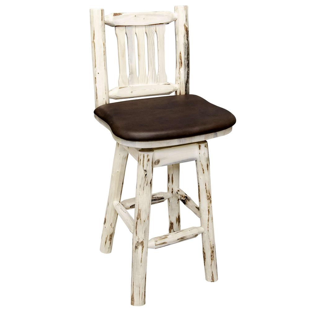 Montana Collection Barstool w/ Back & Swivel, Clear Lacquer Finish w/ Upholstered Seat, Saddle Pattern. Picture 1