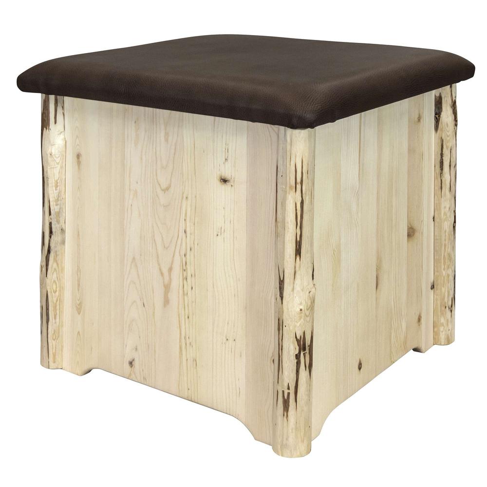 Montana Collection Upholstered Ottoman w/ Storage, Saddle Upholstery, Clear Lacquer Finish. Picture 3
