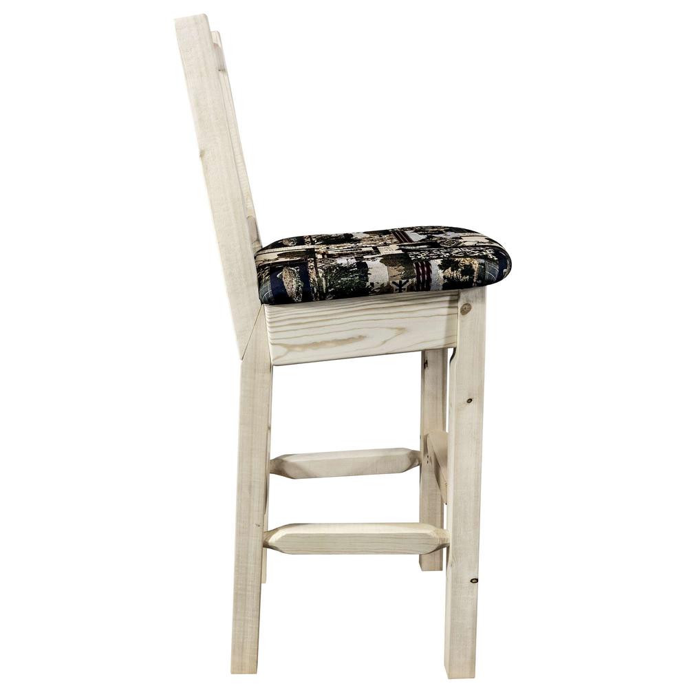 Homestead Collection Barstool w/ Back, Clear Lacquer Finish w/ Upholstered Seat, Woodland Pattern. Picture 3