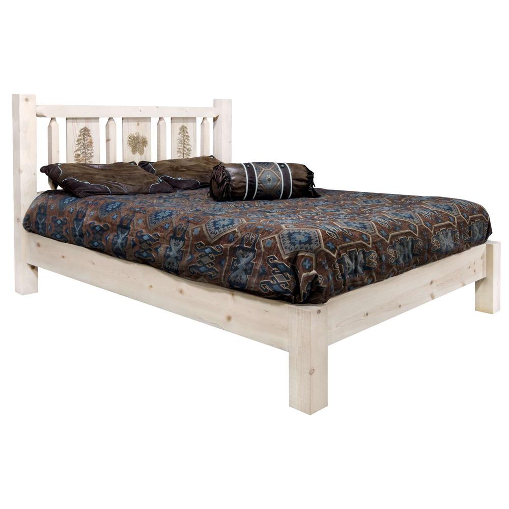 Homestead Collection Queen Platform Bed w/ Laser Engraved Pine Tree Design, Clear Lacquer Finish. Picture 1