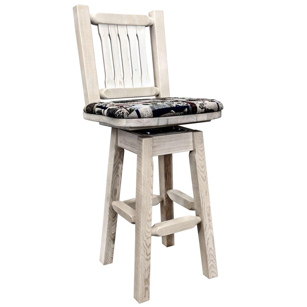 Homestead Collection Barstool w/ Back & Swivel, Clear Lacquer Finish w/ Upholstered Seat, Woodland Pattern. Picture 1