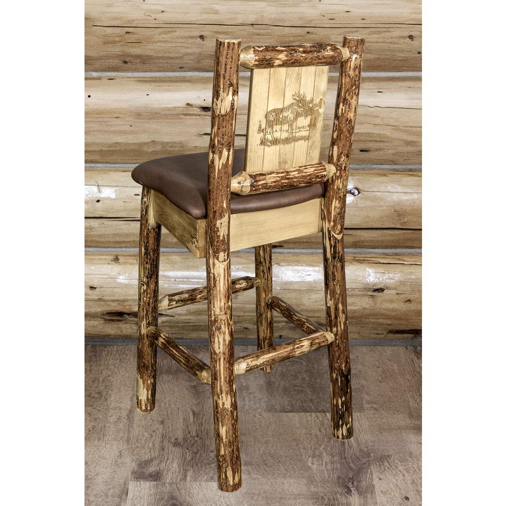 Glacier Country Collection Counter Height Barstool w/ Back - Saddle Upholstery, w/ Laser Engraved Moose Design. Picture 6