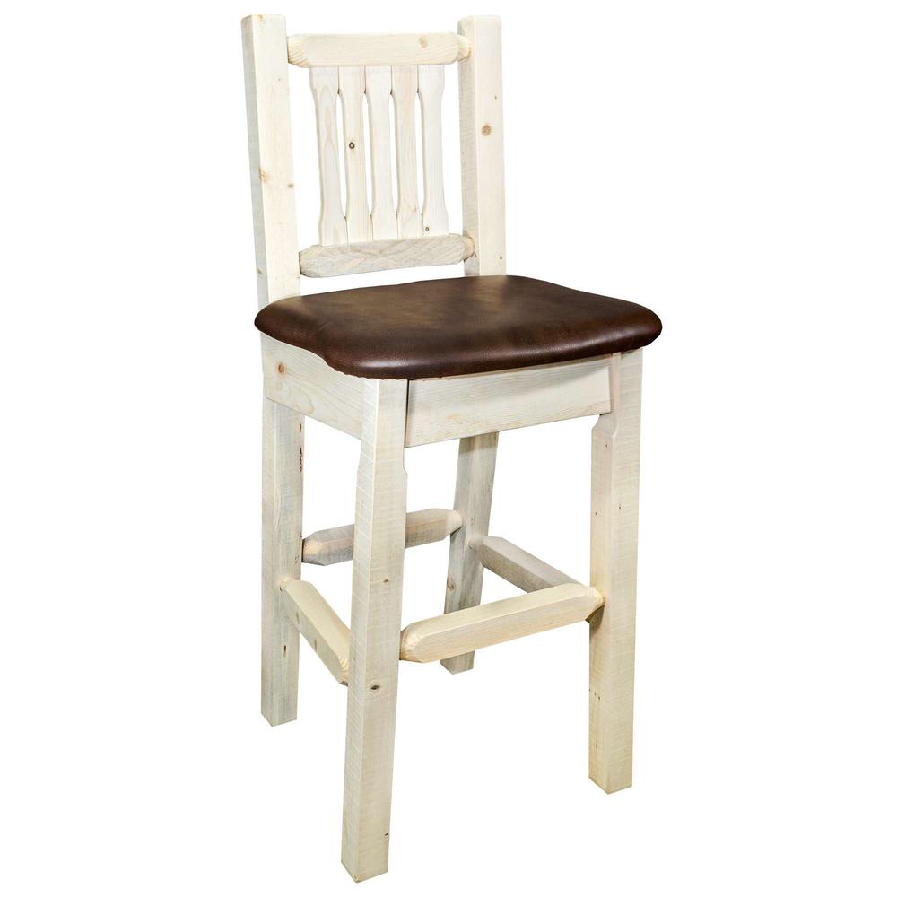 Homestead Collection Barstool w/ Back, Clear Lacquer Finish w/ Upholstered Seat, Saddle Pattern. Picture 1