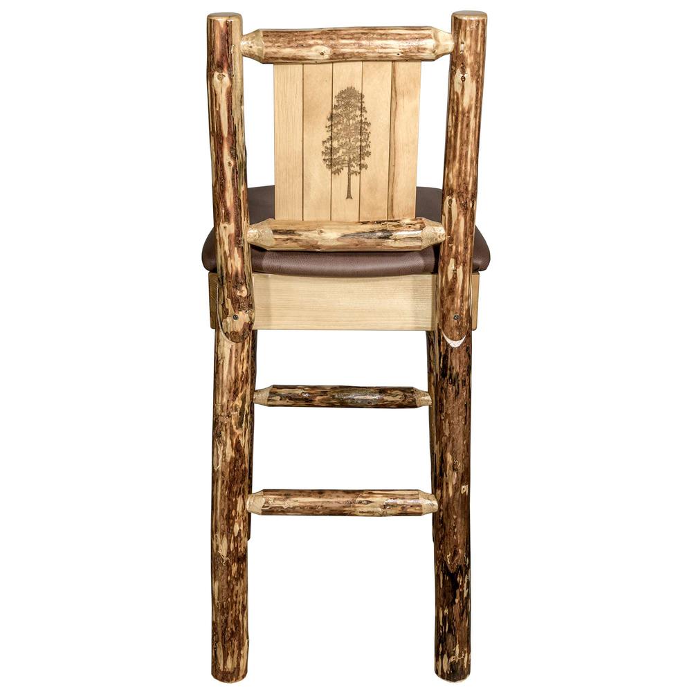Glacier Country Collection Counter Height Barstool w/ Back - Saddle Upholstery, w/ Laser Engraved Pine Tree Design. Picture 2
